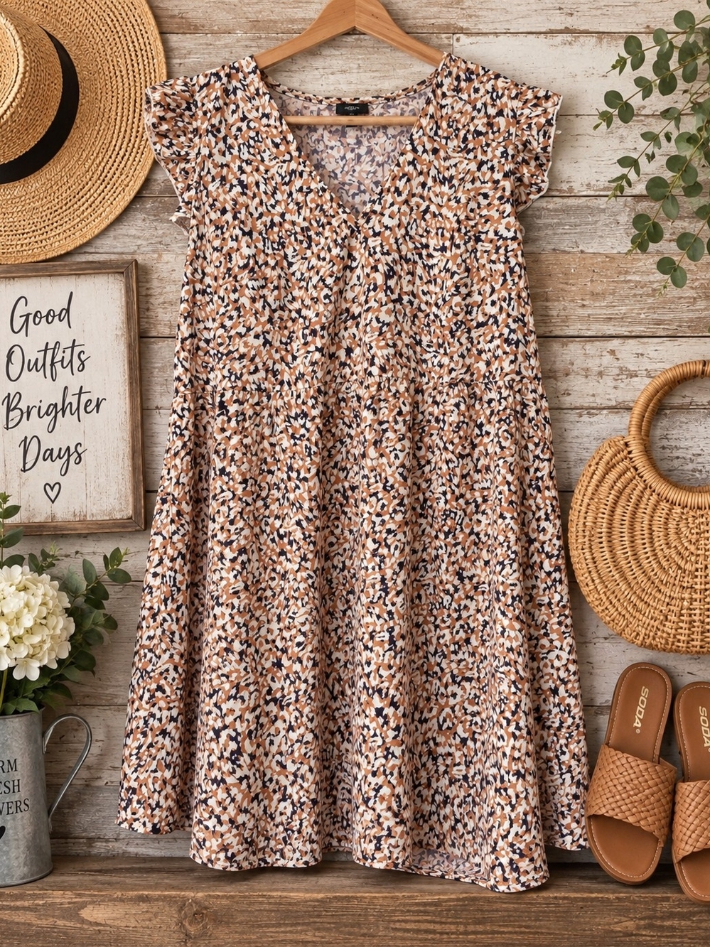 Unbranded Women’s 2X Abstract Animal Print Babydoll Dress Flutter Sleeve Boho